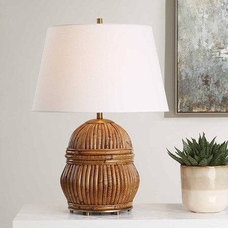 Uttermost Reed Honey Rattan Table Lamp With White Linen Shade - Image 3