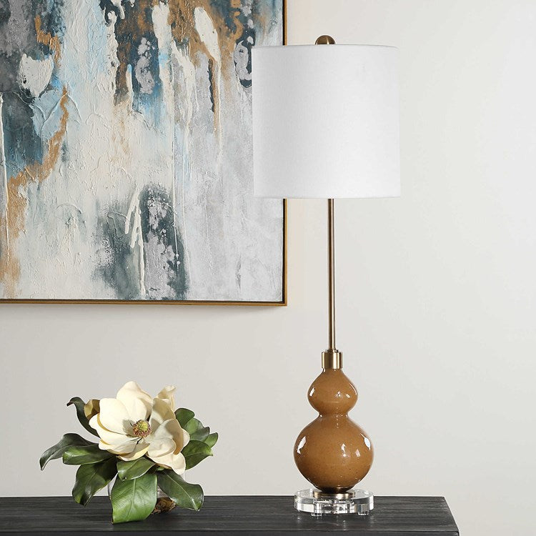 Uttermost Sienna Brown Seeded Glass Buffet Lamp With White Linen Shade - Image 1