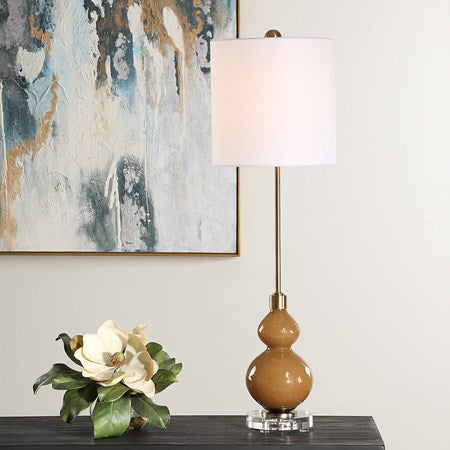 Uttermost Sienna Brown Seeded Glass Buffet Lamp With White Linen Shade - Image 3