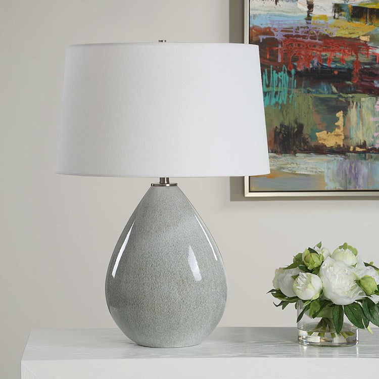 Uttermost Moray Mushroom Gray Glazed Ceramic Table Lamp With White Linen Shade - Image 1