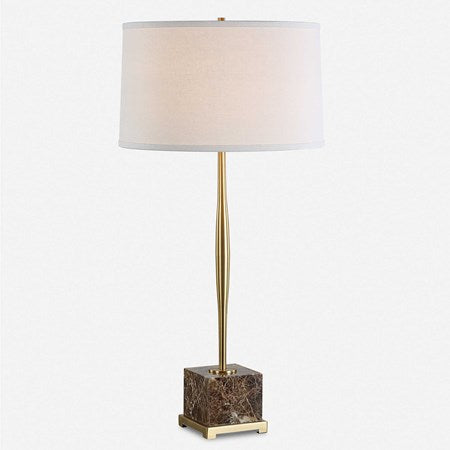 Uttermost Booker Antiqued Brass and Brown Marble Table Lamp With White Linen Shade - Image 2