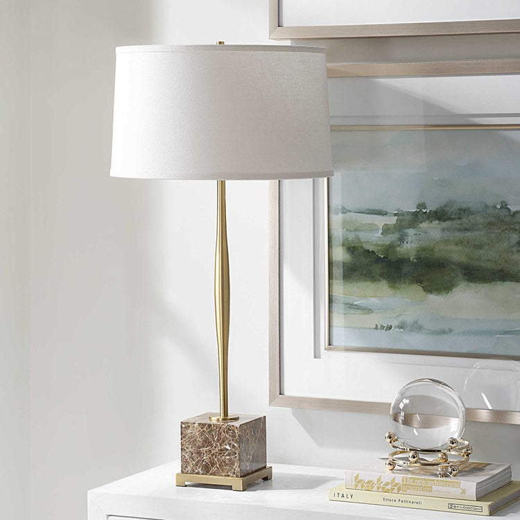 Uttermost Booker Antiqued Brass and Brown Marble Table Lamp With White Linen Shade - Image 3