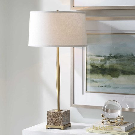 Uttermost Booker Antiqued Brass and Brown Marble Table Lamp With White Linen Shade - Image 1