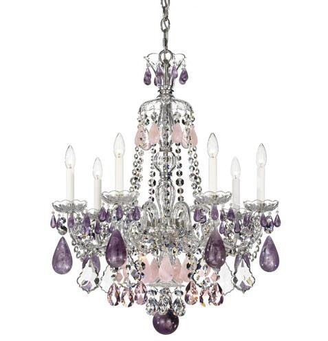 Silver Seven-Light Amethyst and Rose Rock Crystal Chandelier, 24W x 31.5H x 24D - Image 1