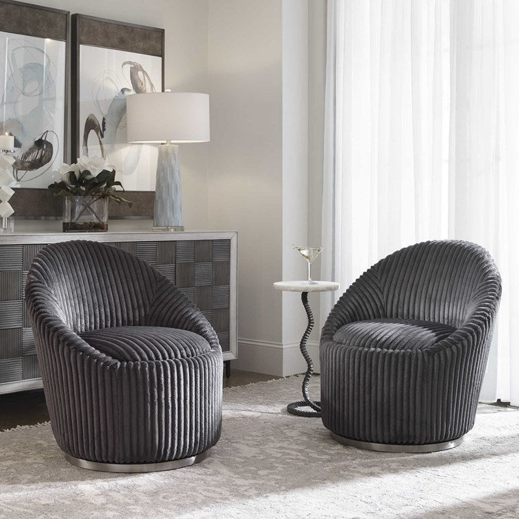 Uttermost Crue Luxurious Fluted Gunmetal Chenille Swivel Chair - Image 1