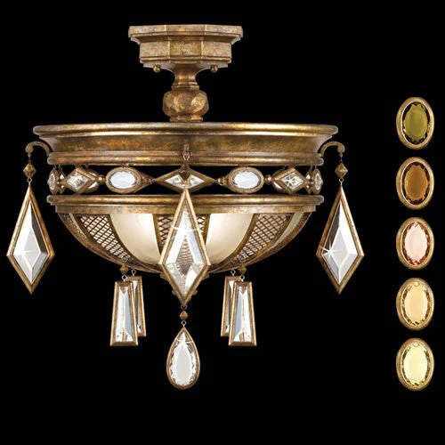 Fine Art Lamps Encased Gems Three-Light Semi-Flush Mount in Variegated Gold Leaf Finish with Multi-Colored Crystal Gems - Image 1