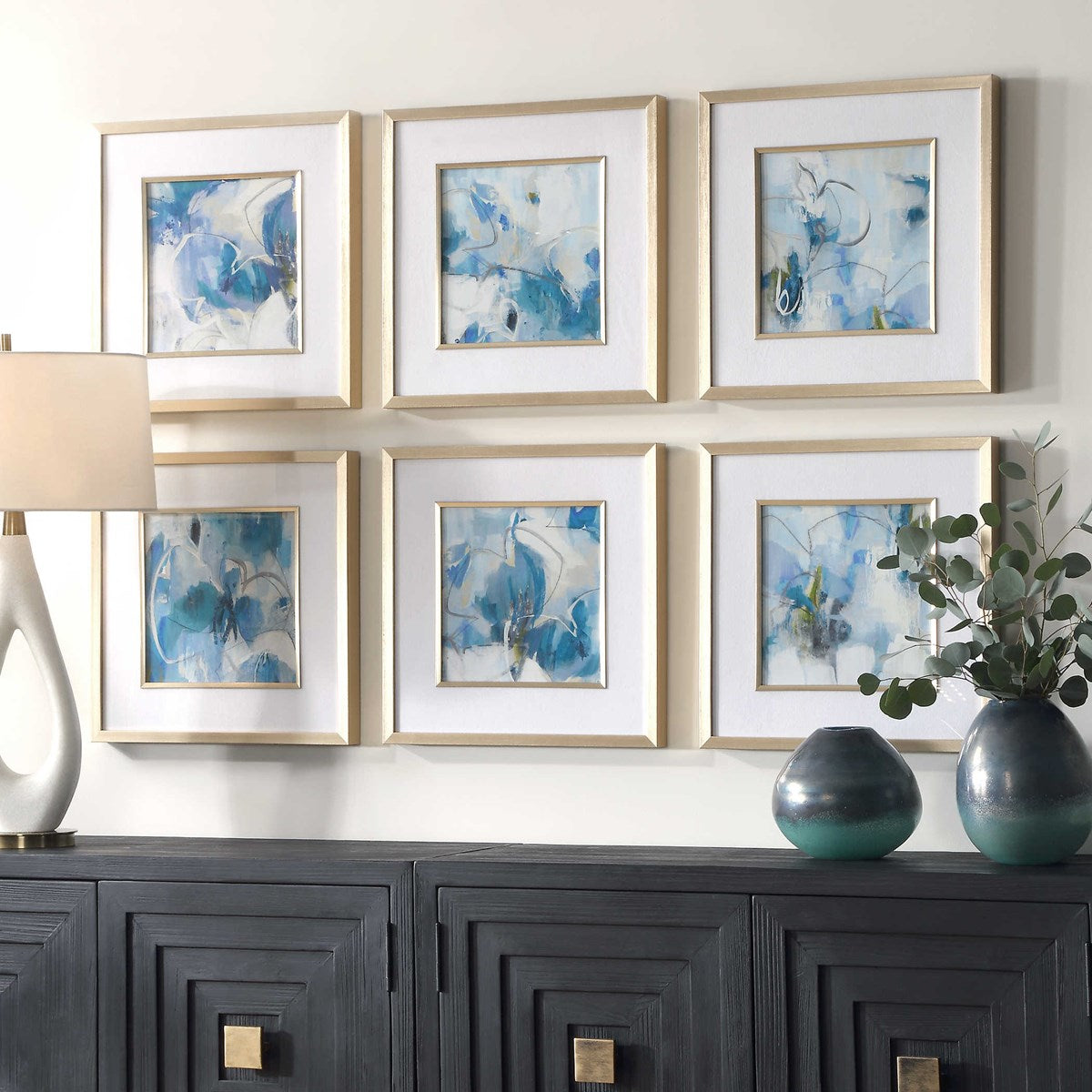 Uttermost Fresh Start Abstract Blue Florals Set of 6 Framed Prints - Image 3