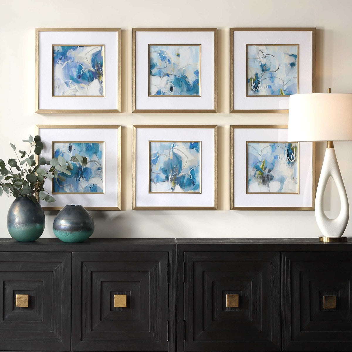 Uttermost Fresh Start Abstract Blue Florals Set of 6 Framed Prints - Image 1