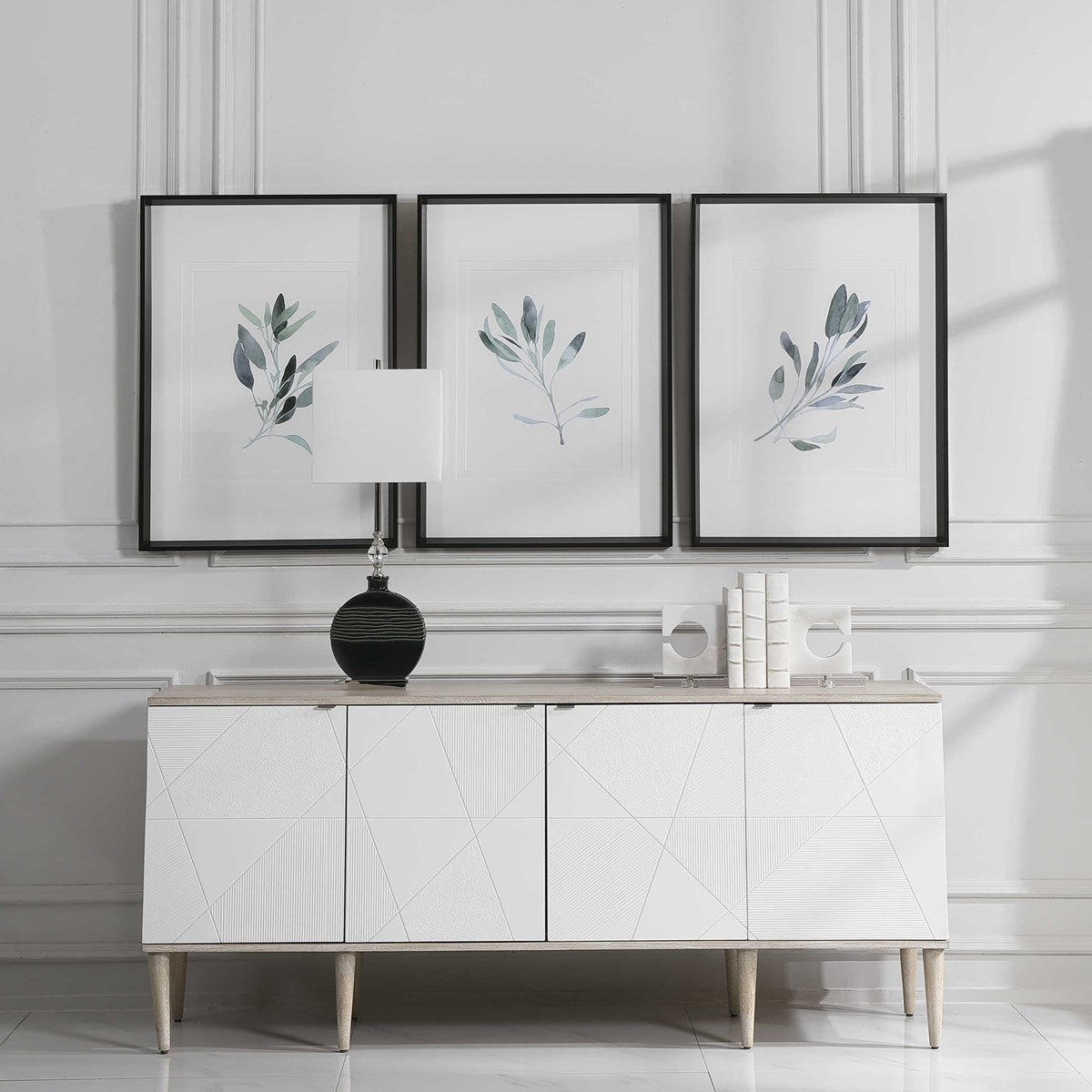 Uttermost Simple Sage Watercolor Branches Set of 3 Framed Prints - Image 1