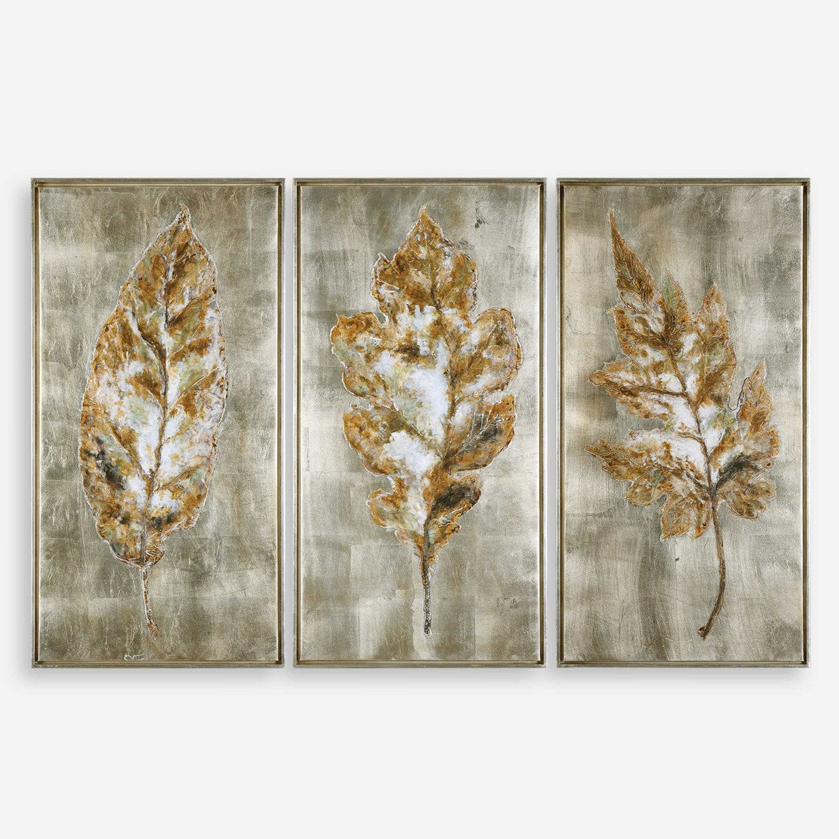 Uttermost Champagne Leaves Metallic Hues Set of 3 Hand Painted Canvases - Image 1