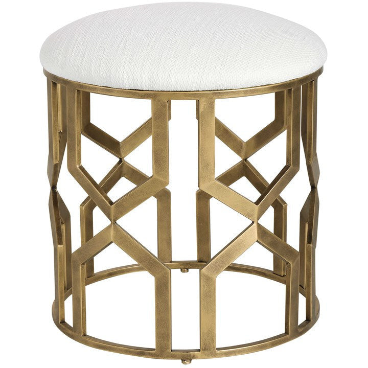 Uttermost Trellis Crisp White Fabric Cushion Seat Modern Brushed Brass Round Accent Stool - Image 3