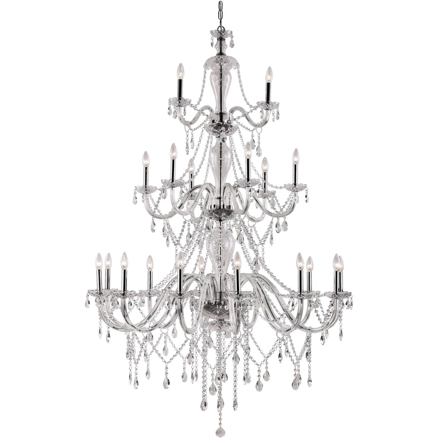 Polished Chrome Crystal Fountain 3 Tier 21 Light Chandelier with Clear Glass and Prisim Cut Clear Crystal Strands - Image 1