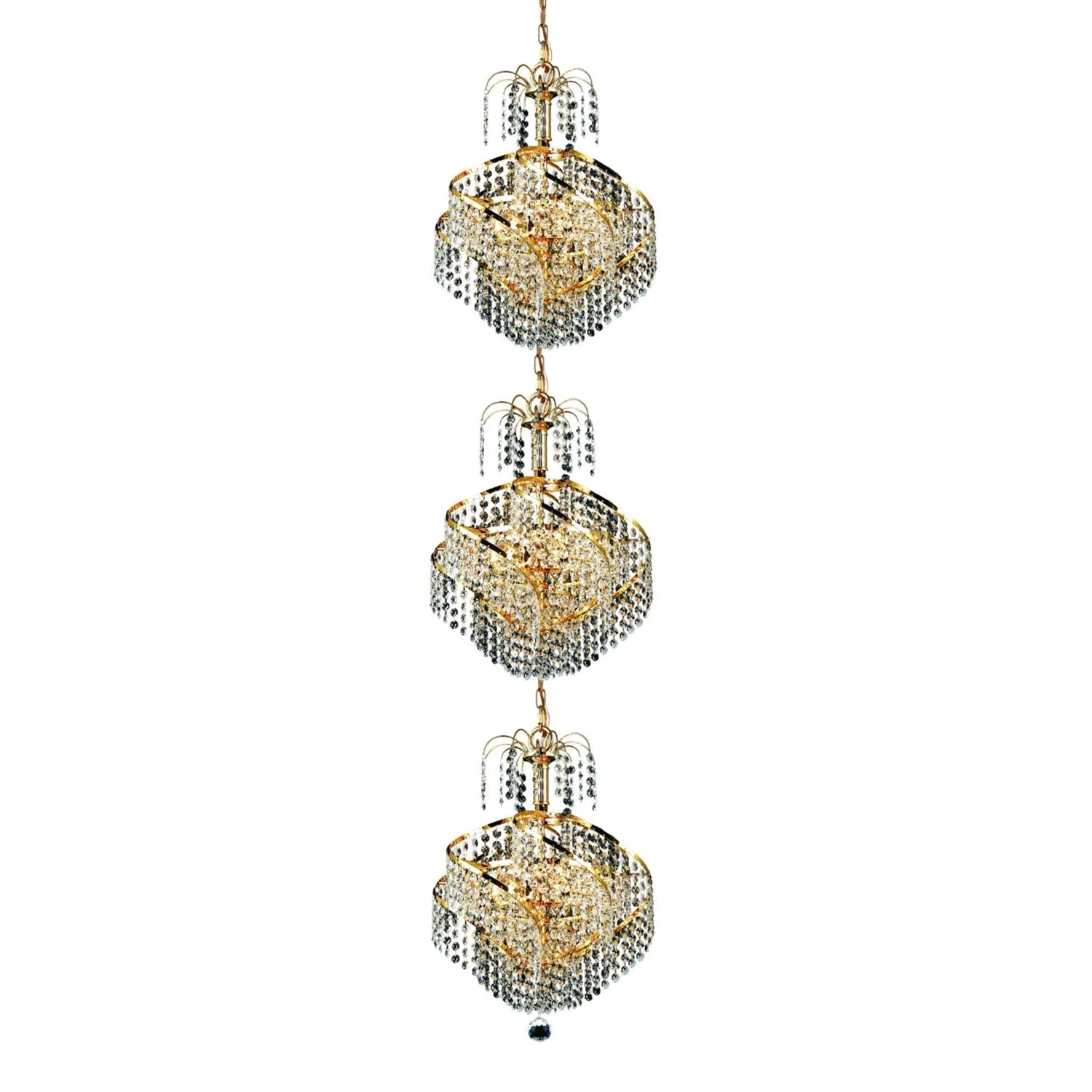 Spiral Gold Nine-Light 14-Inch Three-Tier Pendant with Royal Cut Clear Crystal - Image 1
