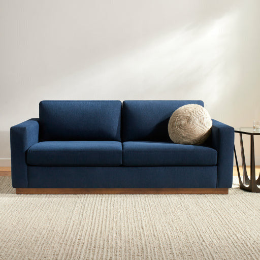 Surya Amherst Modern Square Arm Blue Sofa With Wood Base - Image 1