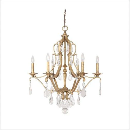 Antique Gold Six Light Chandelier with Crystals - Image 1