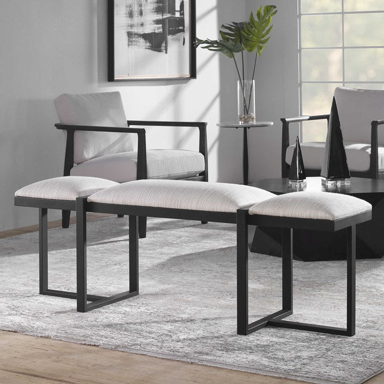 Uttermost Triple Cloud Textured White Performance Fabric Upholstered Seat Black Iron Bench - Image 3
