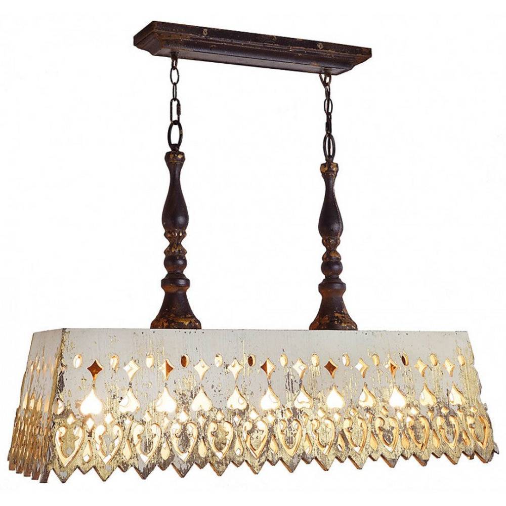 Provence Home Distressed Cream & Gold Carved Wood Shade Pendant Light Chandelier - Image 1