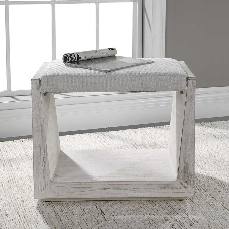 Uttermost Cabana White Fabric Seat Coastal Whitewashed Wood Small Bench