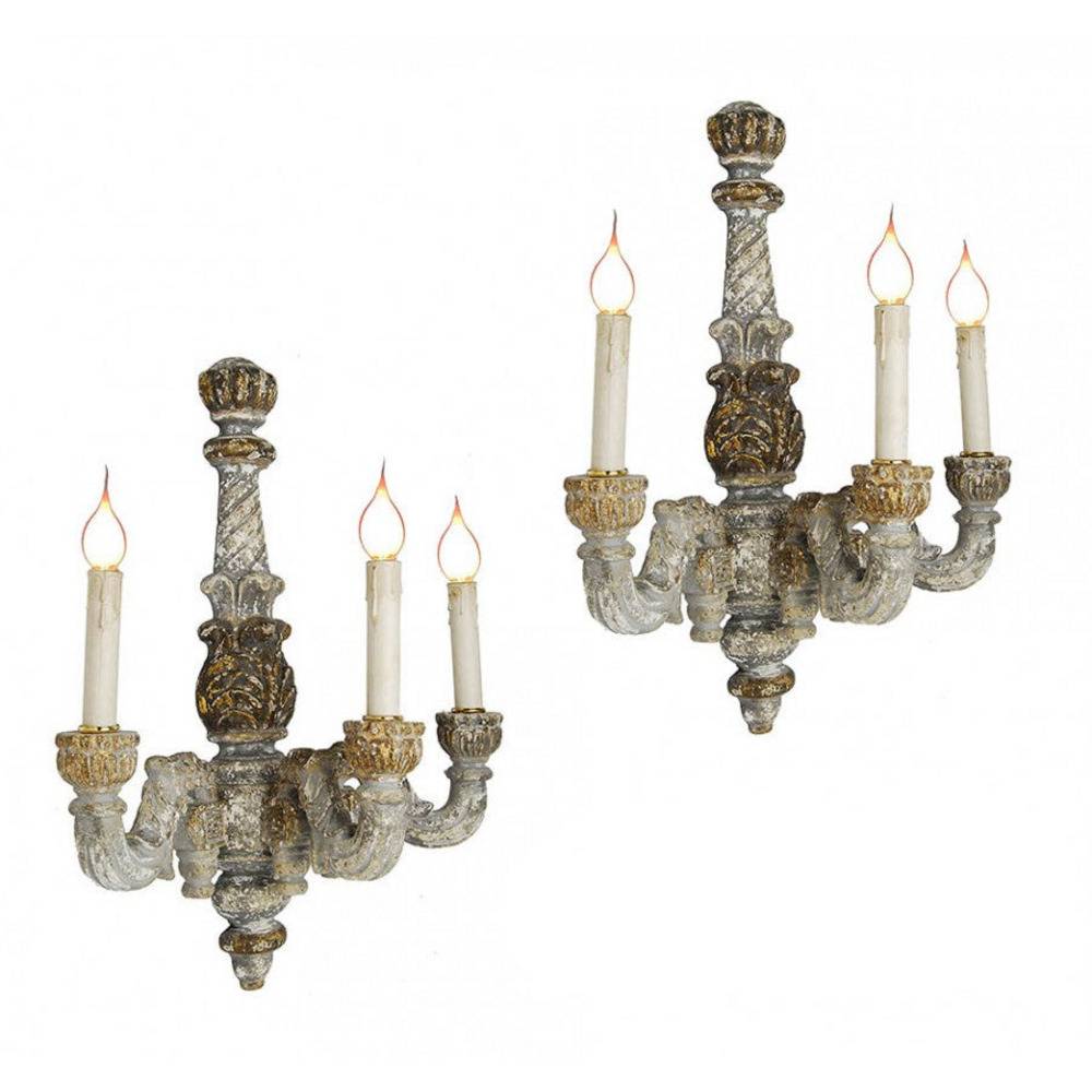 Provence Home Set of 2 Distressed French Grey & Gold Antiqued Carved Wood Wall Sconces - Image 1