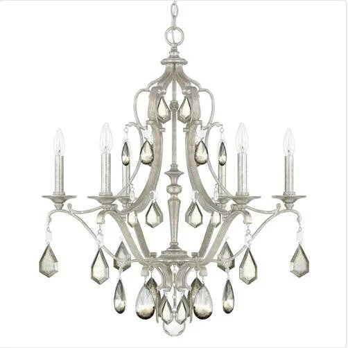 Antique Silver Six-Light Chandelier with Clear and Antique Crystals - Image 1
