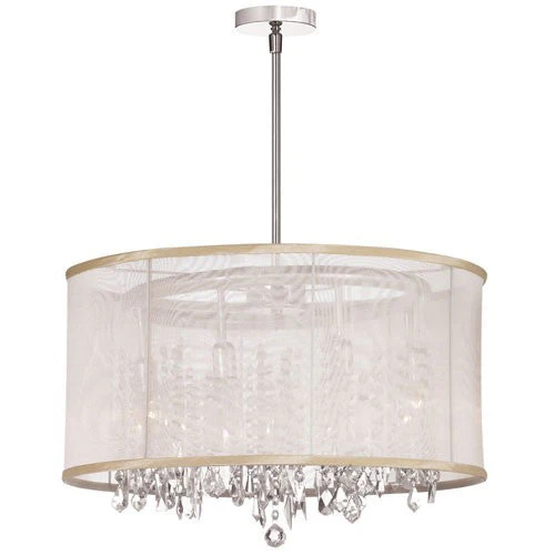 Polished Chrome Eight Light Crystal Pendant with Oyster Organza Drum Shade - Image 1
