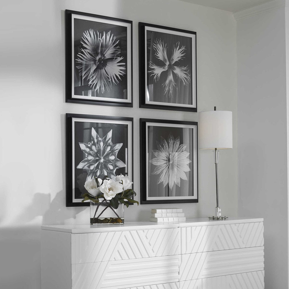Uttermost Contemporary Black and White Florals Set of 4 Framed Prints,