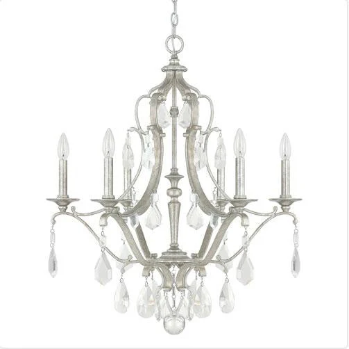Antique Silver Six-Light Chandelier with Clear Crystals - Image 1