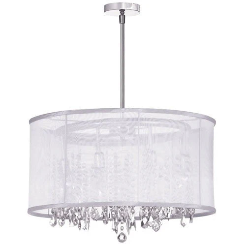 Polished Chrome Eight Light Crystal Pendant with White Organza Drum Shade - Image 1