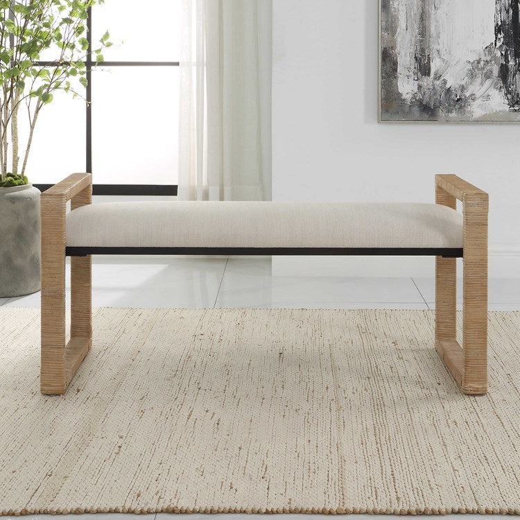 Uttermost Areca Textured Oatmeal Performance Fabric Upholstered Seat Natural Rattan Bench - Image 2