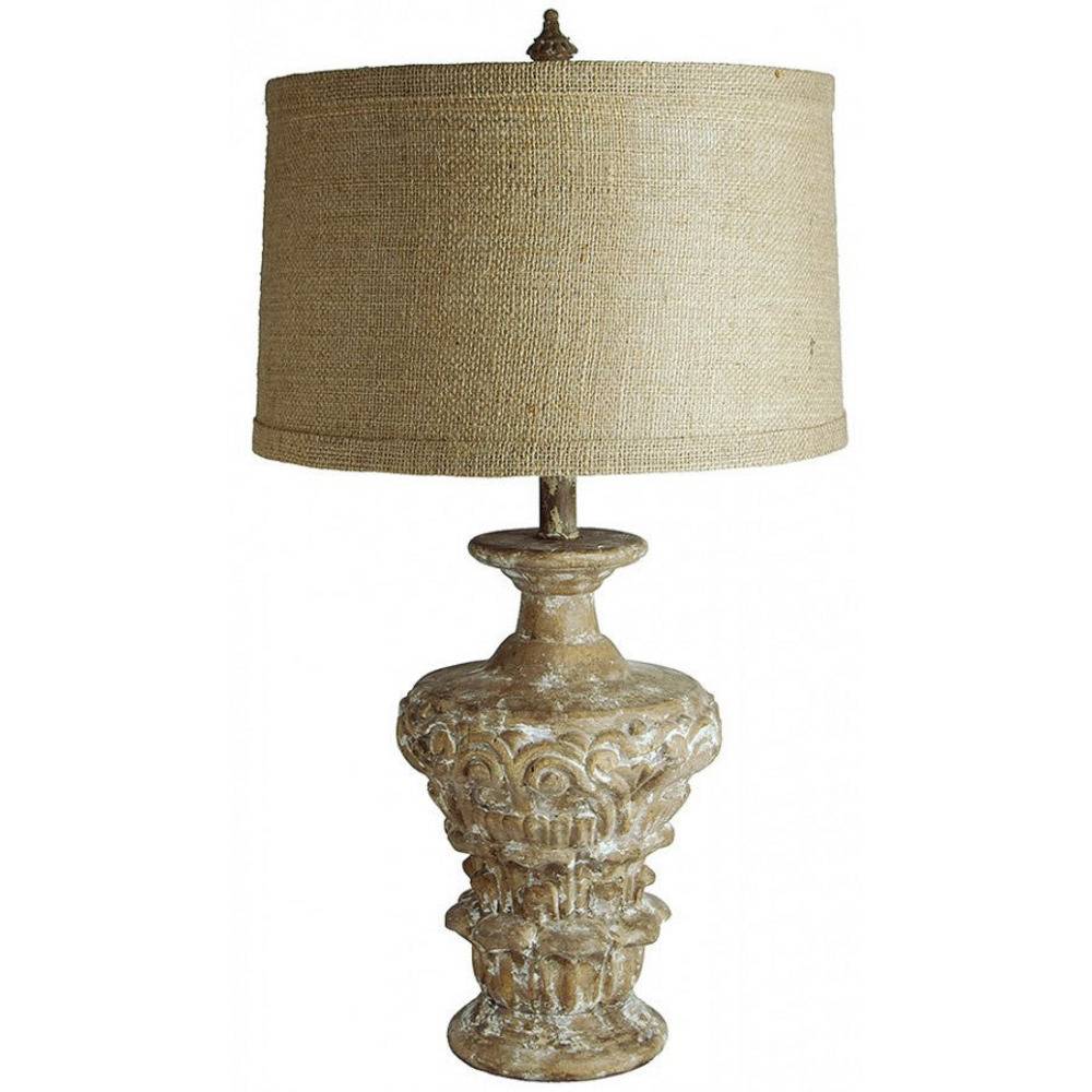 Provence Home Distressed Taupe Carved Wood Table Lamp With Natural Linen Shade - Image 1