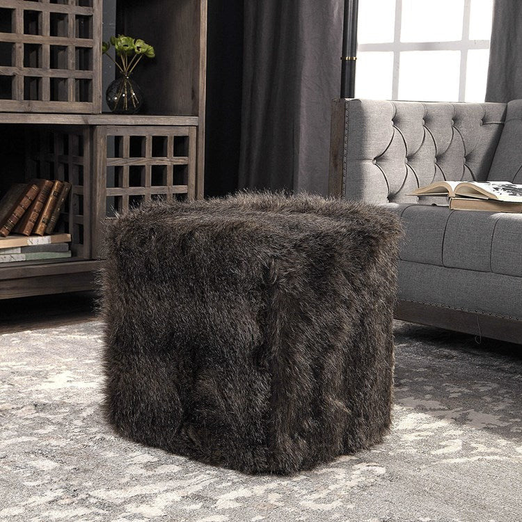 Uttermost Jayna Plush Chocolate Faux Fur  Round Ottoman - Image 1