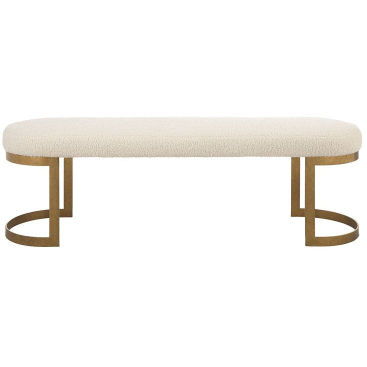 Uttermost Infinity White Faux Shearling Seat Modern Antique Gold Iron Bench - Image 2