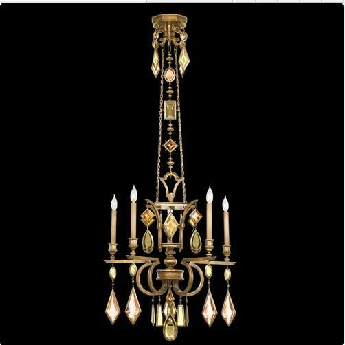 Five-Light Chandelier in Variegated Gold Leaf Finish with Multi-Colored Crystal Gems - Image 1