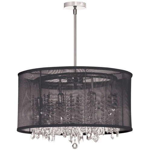 Polished Chrome Eight Light Pendant with Organza Black Drum Shade - Image 1