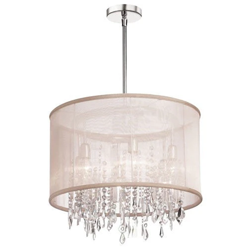 Polished Chrome Six Light Crystal Pendant with Oyster Organza Drum Shade - Image 1
