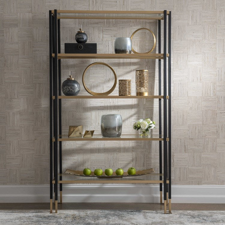Uttermost Kentmore Contemporary Matte Black & Brushed Gold Iron Etagere Bookcase