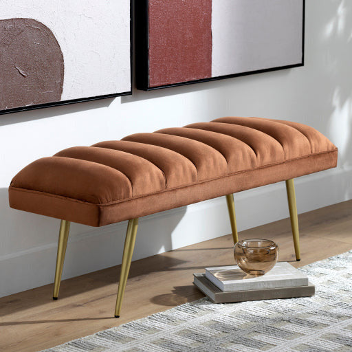 Surya Roxeanne Modern Cognac Channeled Velvet Bench With Gold Metal Base RON-009 - Image 1