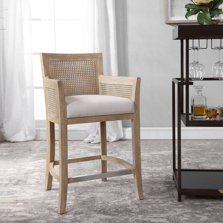 Uttermost Encore Off White Linen Performance Fabric Natural Cane Counter Stool - Image 3