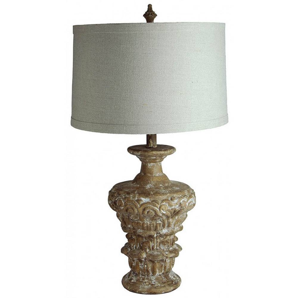 Provence Home Distressed Taupe Carved Wood Table Lamp With White Linen Shade - Image 1