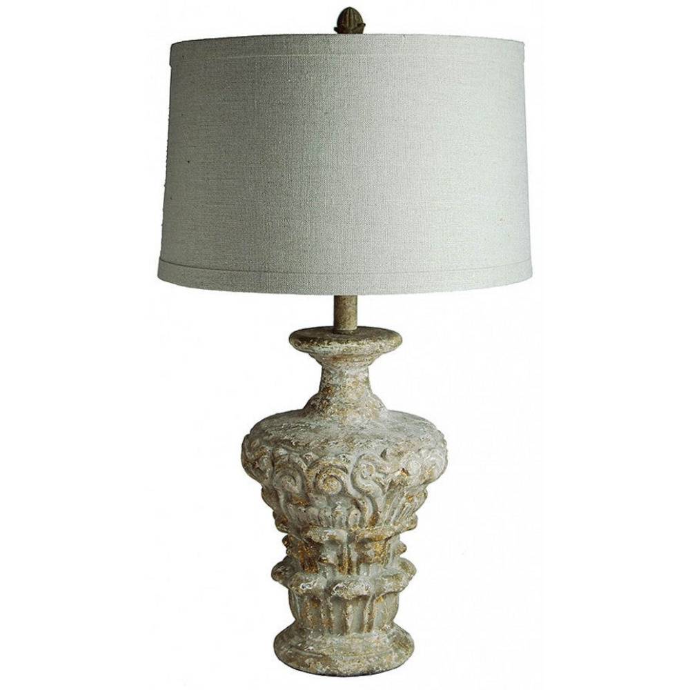Provence Home Distressed French Grey & Gold Carved Wood Table Lamp With White Linen Shade - Image 1