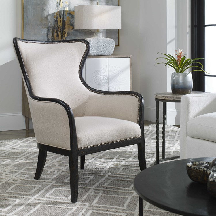 Uttermost Sandy Shimmery Sand Fabric Wing Back Armchair With Weathered Black Wood Frame - Image 2