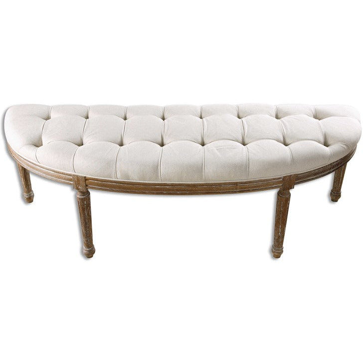 Uttermost Leggett Off White Linen Fabric Cushion Curved Wood Bench - Image 3
