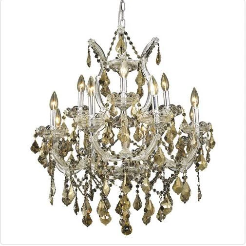 Chrome Thirteen-Light 27-Inch Chandelier with Royal Cut Golden Teak Smoky Crystal - Image 1