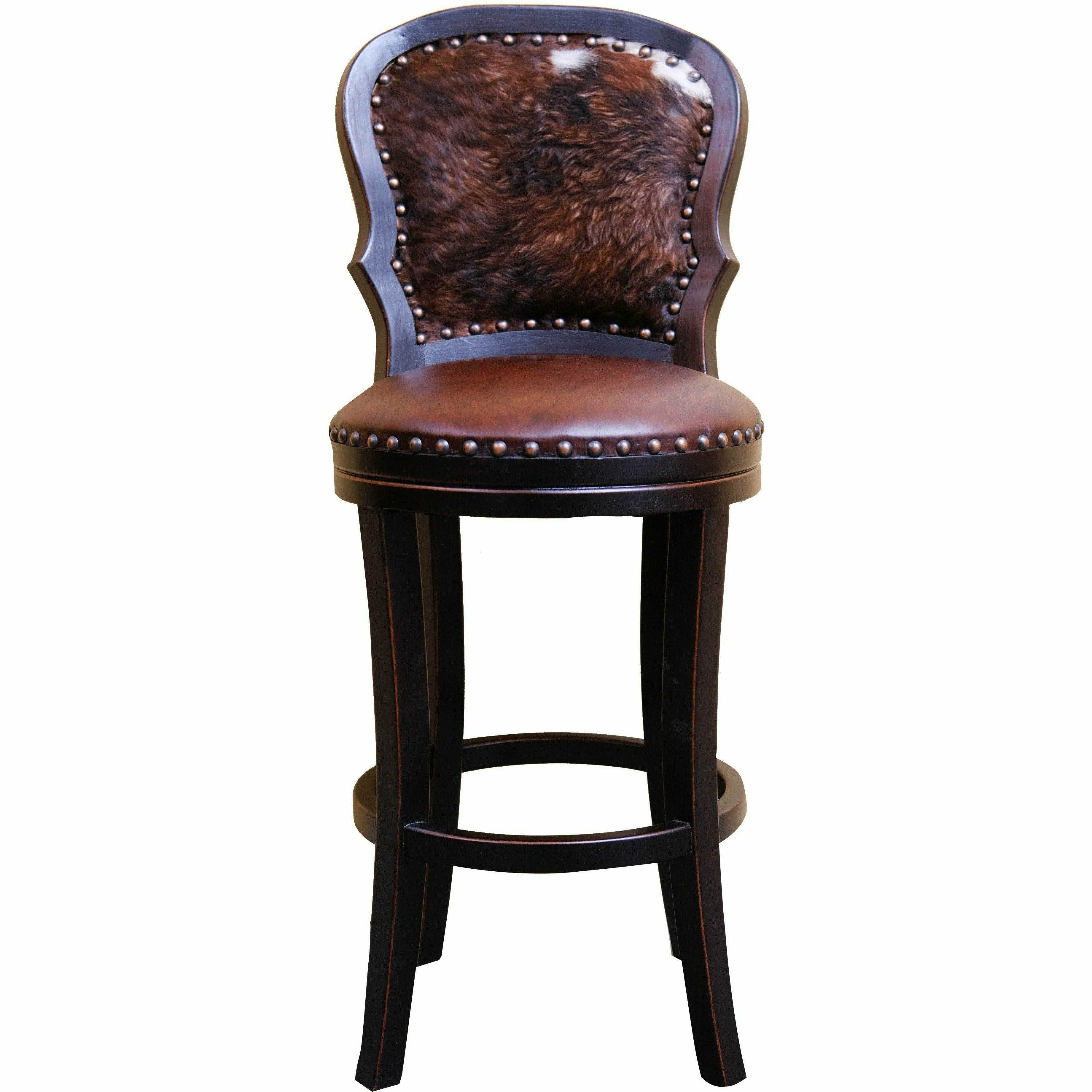 Casa Bonita Peruvian Hand-Painted Carved Wood Cowhide & Leather Bar Stool