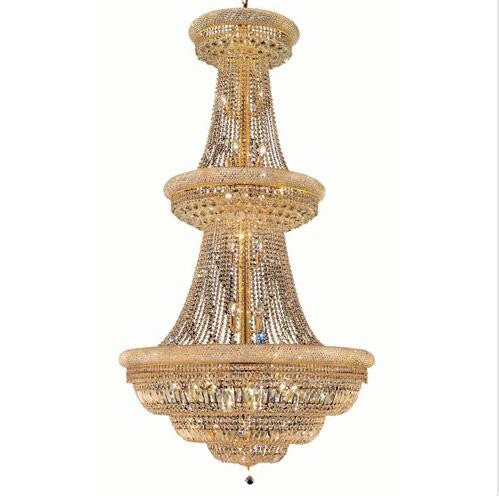 Gold Thirty-Eight Light 42-Inch Three-Tier Chandelier with Royal Cut Clear Crystal and Crystal Drop - Image 1