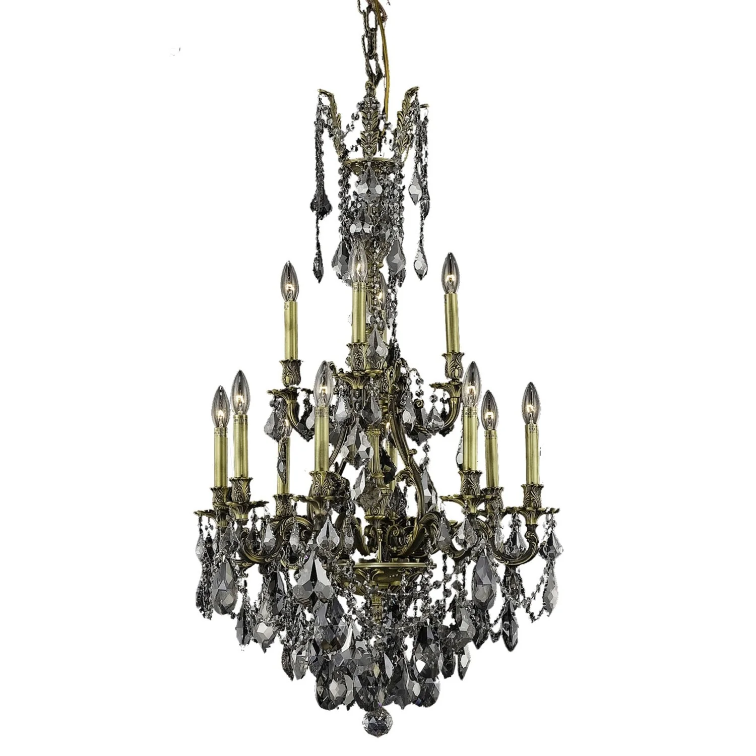 Antique Bronze Twelve-Light Chandelier with Silver Shade/Grey Royal Cut Crystals - Image 1