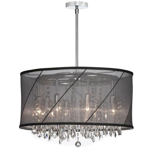 Eight-Light Polished Chrome and Crystal Pendant w/ a Black and Silver Swirl Shade - Image 1