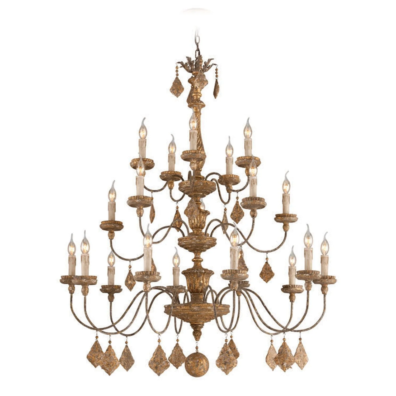 French Gold, Aged Wood and Distressed Gold Leaf 20 Light Three Tier Chandelier - Image 1