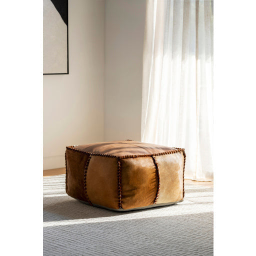 Surya Ranger Modern Hair On Hide Brown & Tan Leather Pouf Ottoman RGPF-001 - Image 2