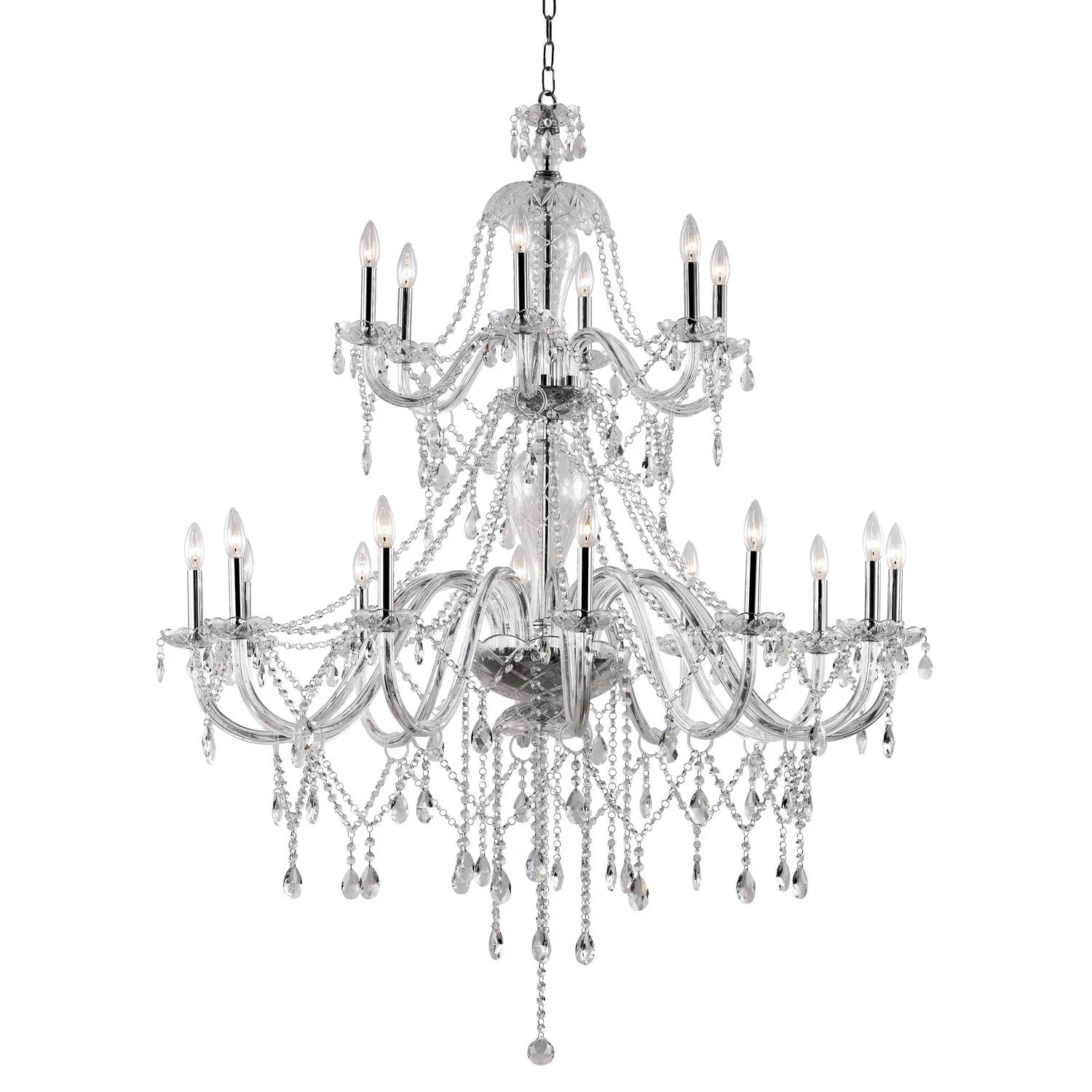 Polished Chrome Crystal Fountain Weeping 18 Light Chandelier with Clear Glass and Prisim Cut Clear Crystal Strands - Image 1
